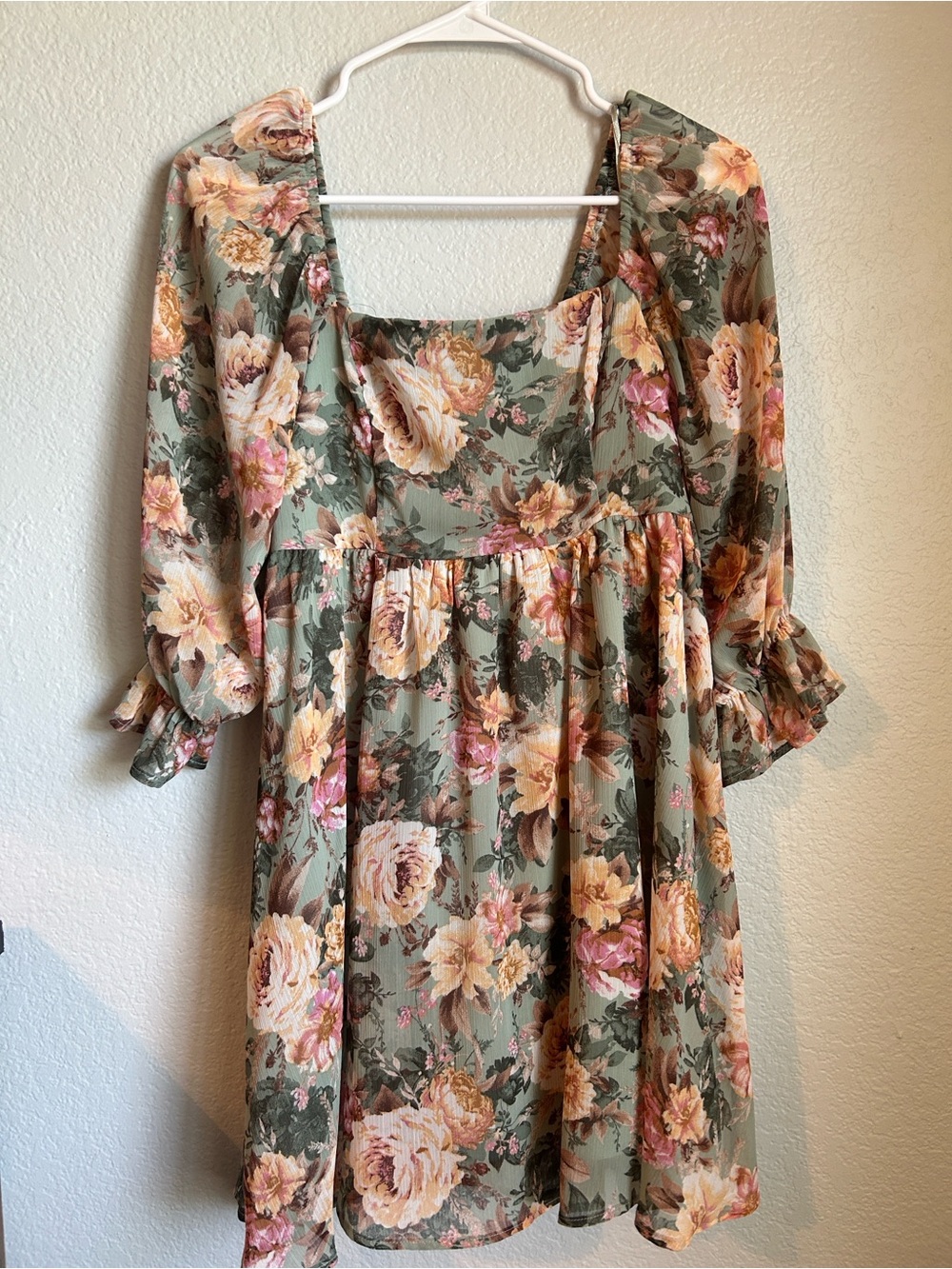 Floral Square Neck Babydoll Dress - Sage Green Pink Yellow